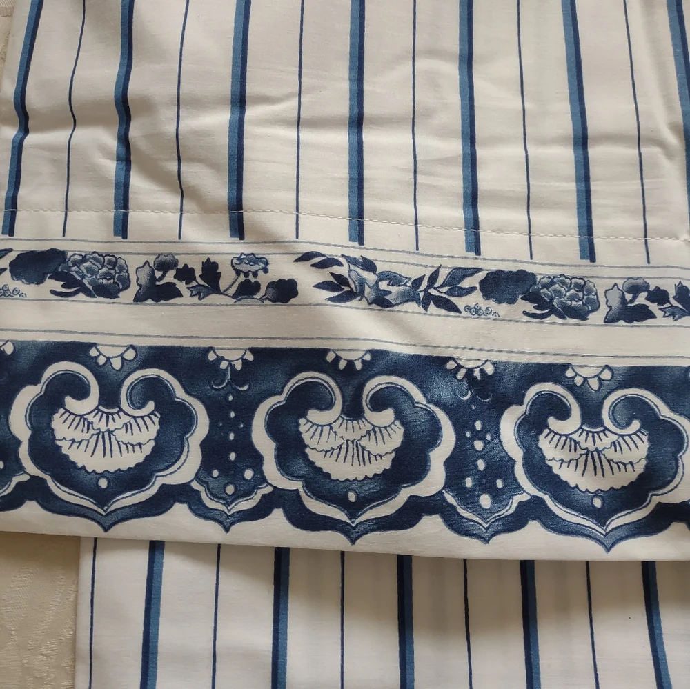 New 🆕 Ralph Lauren Blue White Porcelain Medallion Striped Cotton Flat Sheet